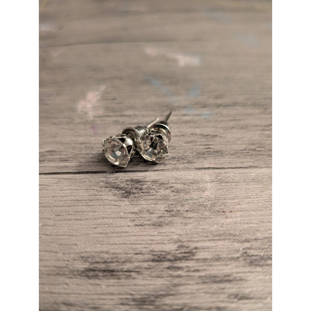 Silver Tone Round Cut Clear Crystal Stud Earrings Six Prong Post Backs